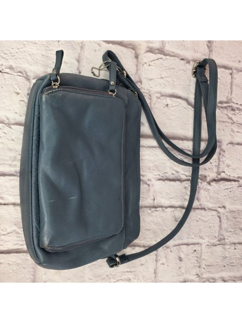 Great American Leather Works Crossbody Bag Blue Gray Multi Pocket Leather Purse - Picture 3 of 16